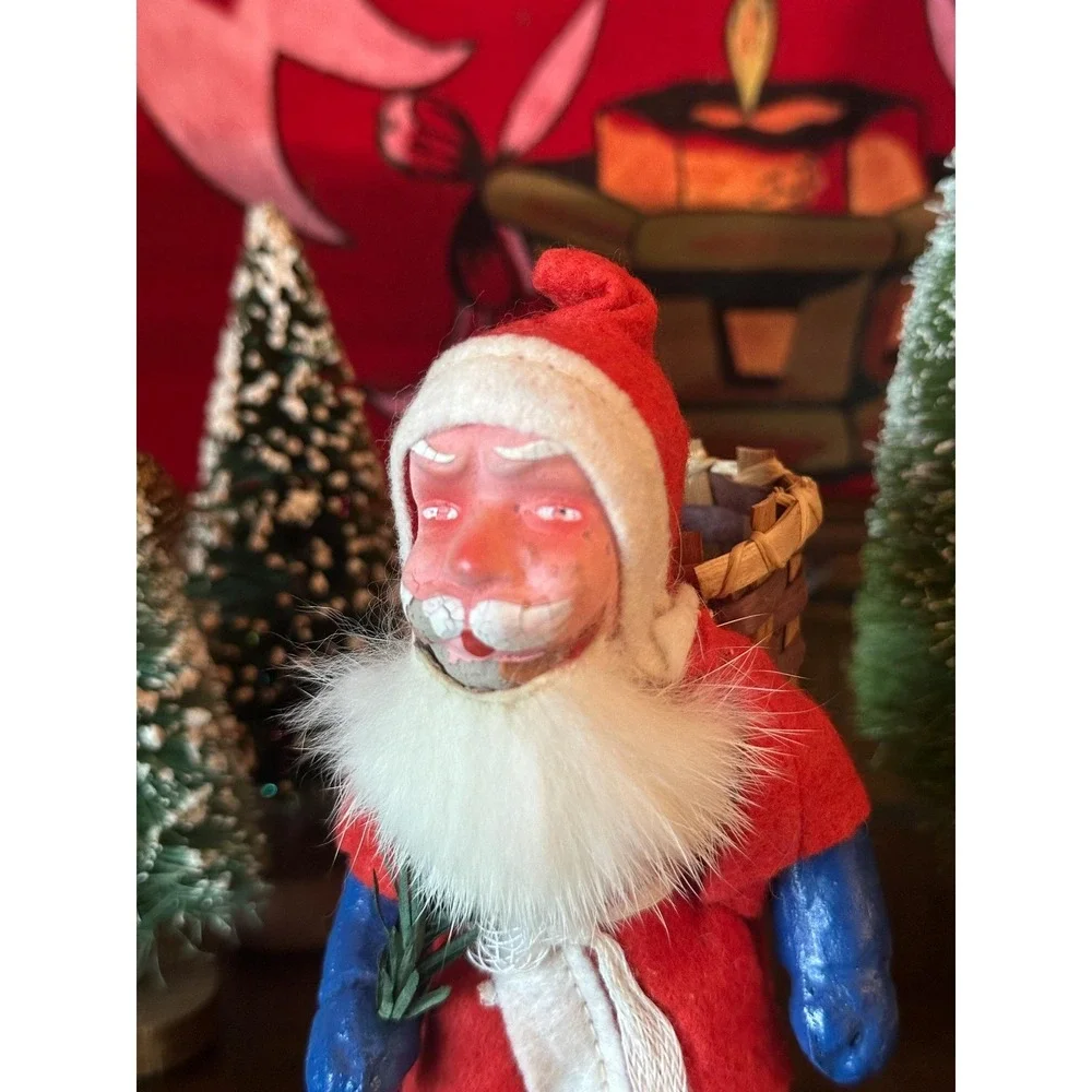 Vintage German Belsnickel(?) 5'' Santa Claus With Basket Large Rabbit Fur Beard‎